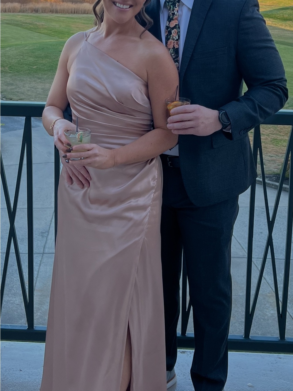 David's Bridal Blush One-Shoulder Satin Maxi Dress